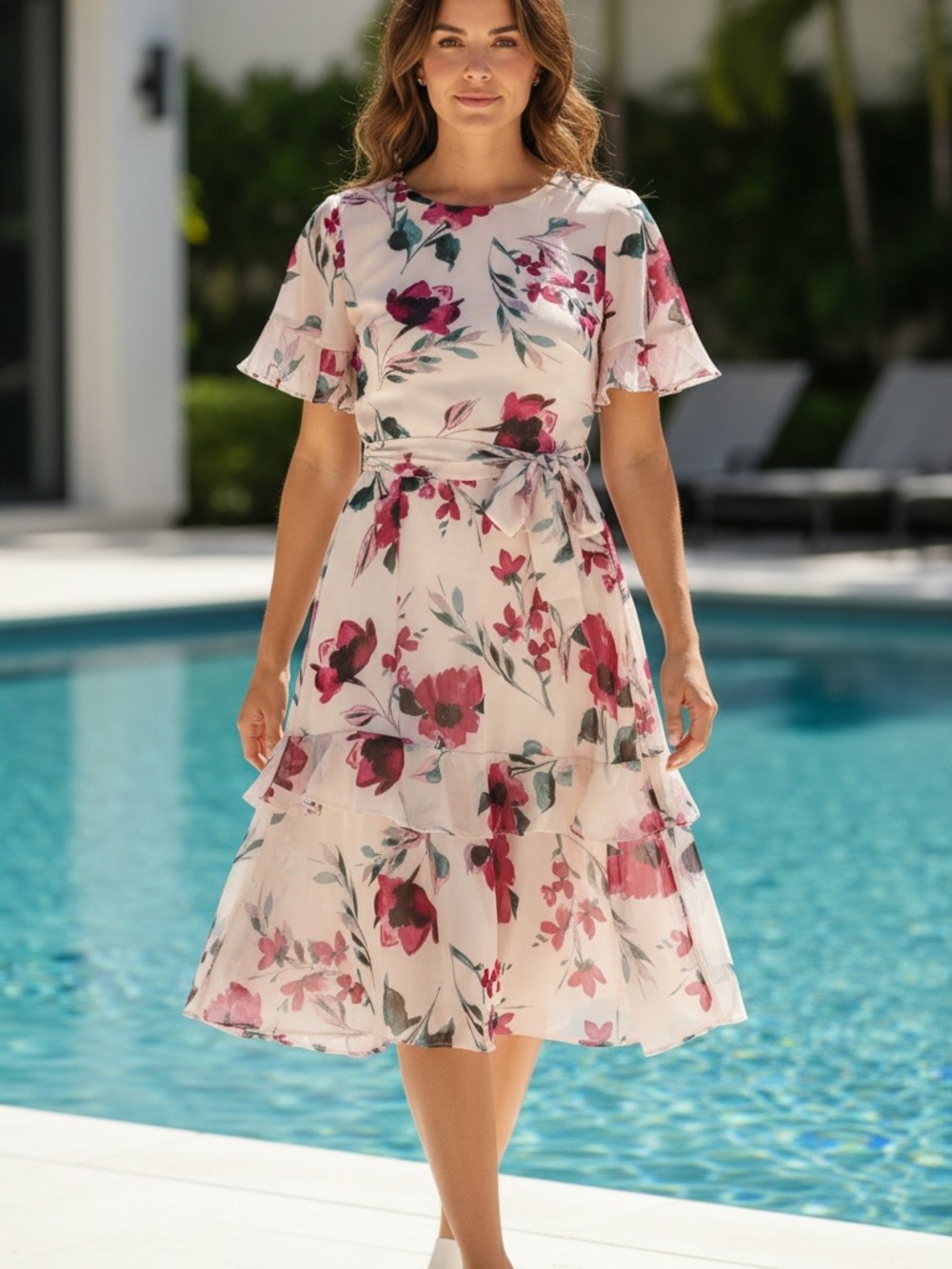 Lauren Ralph Lauren Pink Floral Georgette Tiered Dress Sz 4 EUC